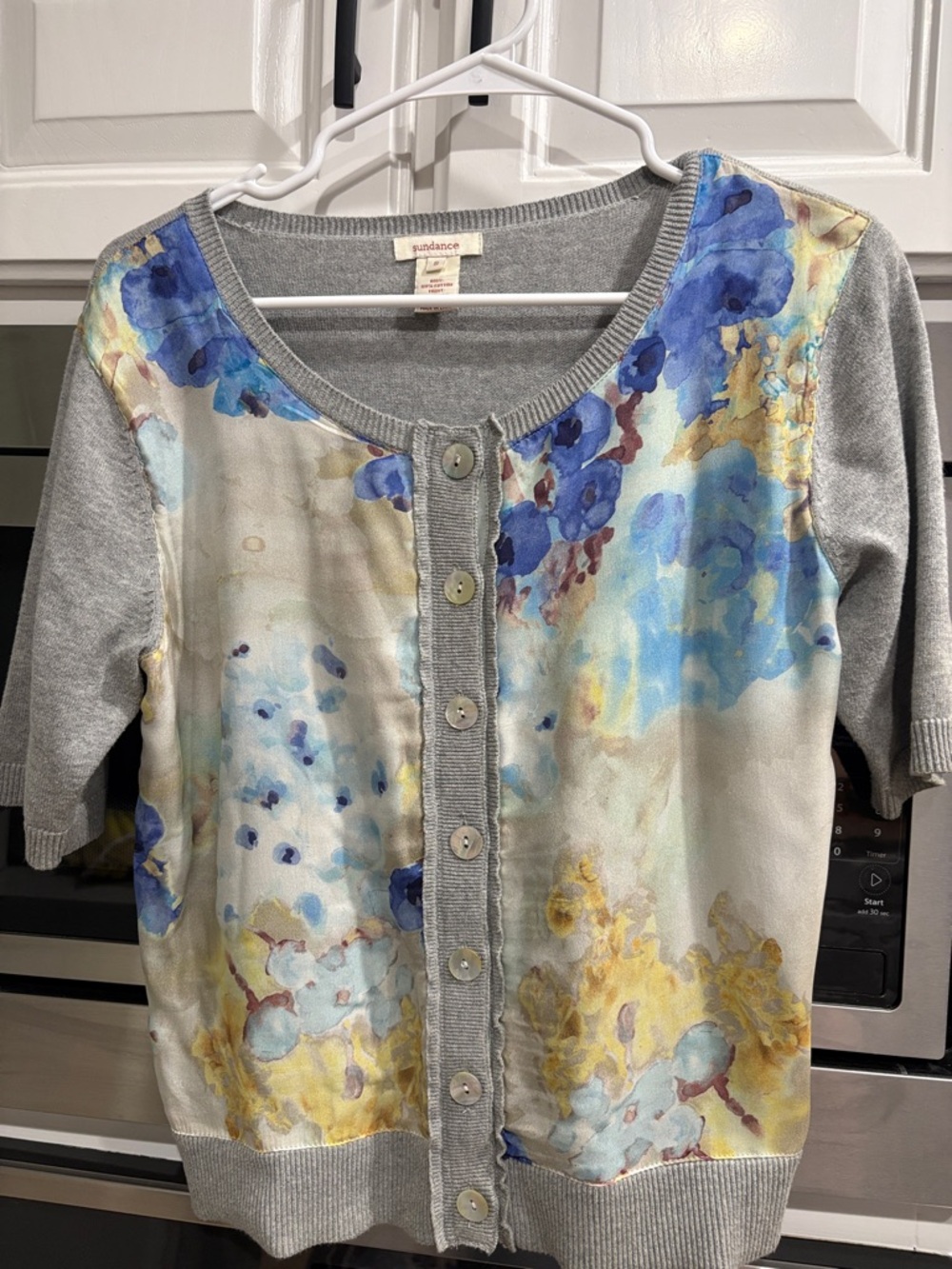 Sundance Grey Cardigan with Blue and Yellow Watercolor Floral Print
